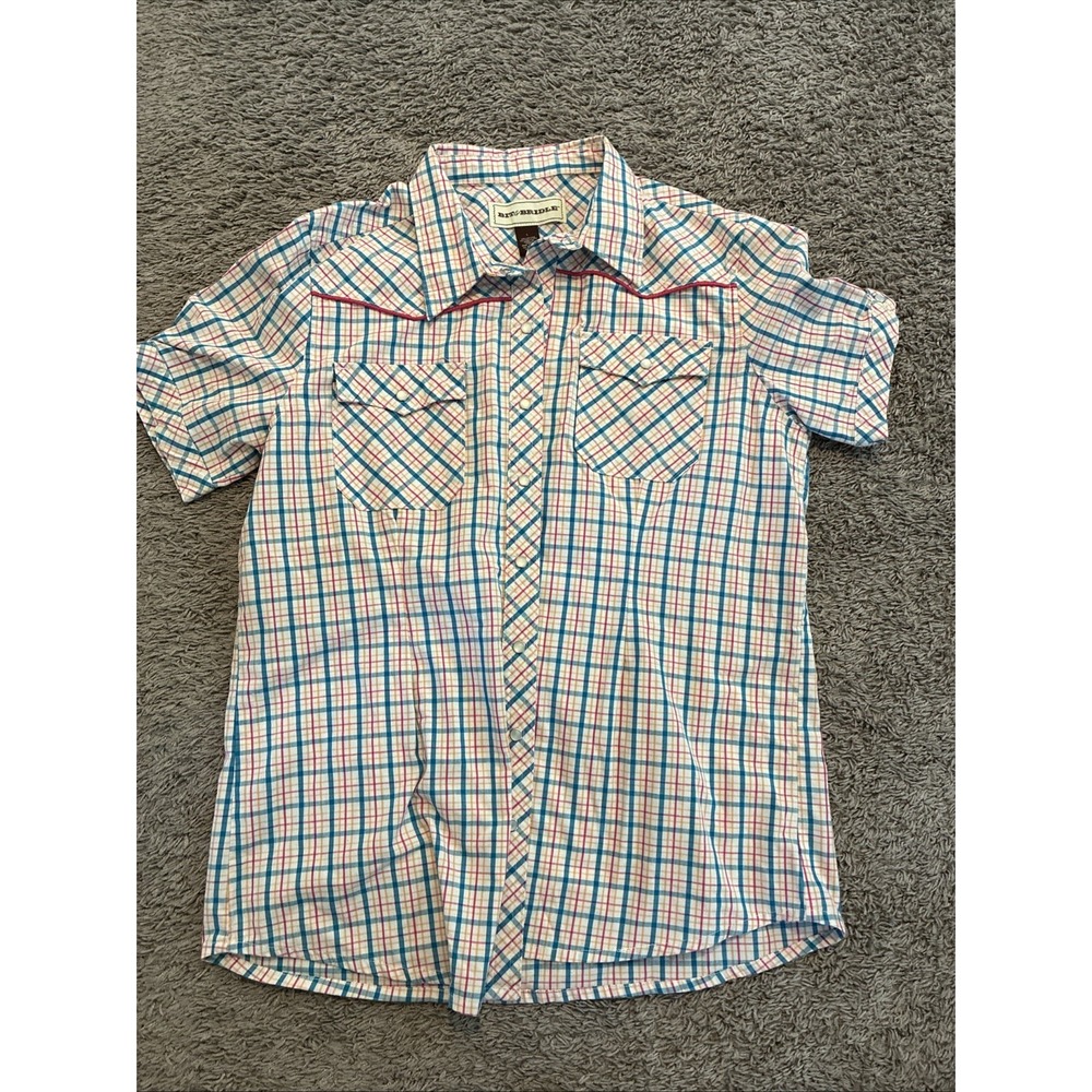 Bit & Bridle Pearl Snap Shirt Womens size L Short sleeve Western Blue & Pink